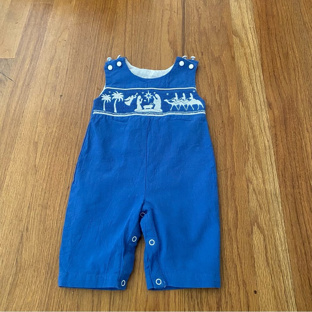 Lil Cactus Blue Nativity Smocked Overall